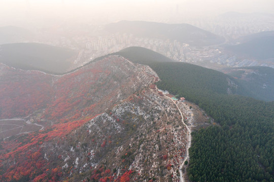 航拍濟(jì)南蝎子山蚰蜒山紅葉