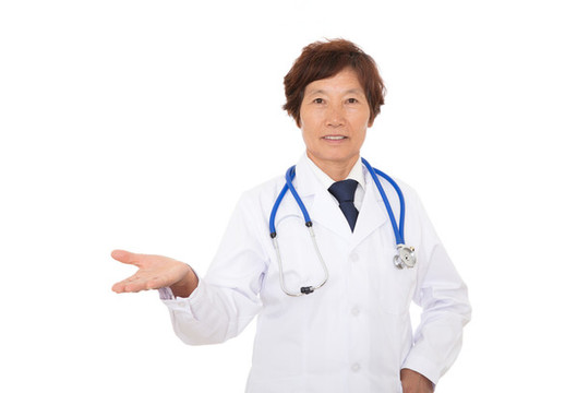 女醫(yī)生在白背景前做出請的手勢