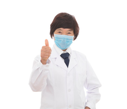 戴口罩的女醫(yī)生豎起大拇指