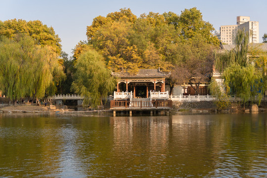 秋天城市公園的中式亭子