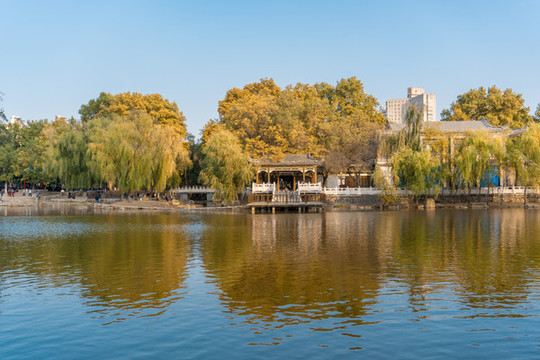 秋天城市公園的中式亭子