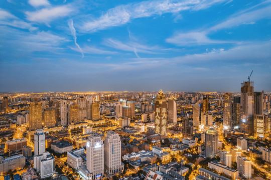 天津城市高樓建筑夜晚航拍