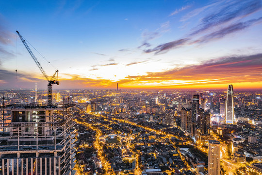 天津城市高樓建筑夜晚航拍