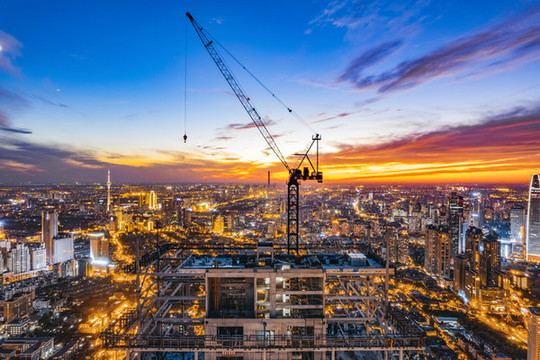 天津城市高樓建筑夜晚航拍