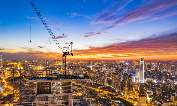 天津城市高樓建筑夜晚航拍