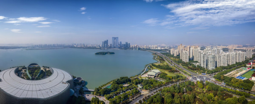 航拍蘇州金雞湖畔城市景觀