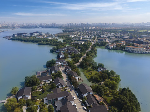 航拍蘇州金雞湖中式園林
