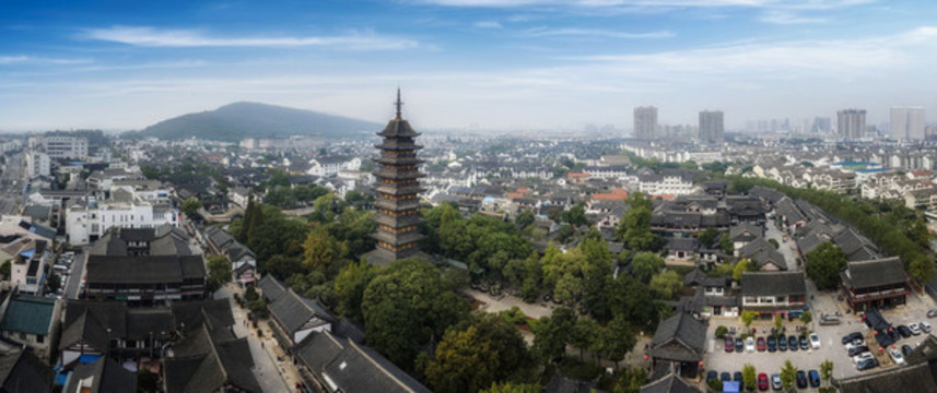 航拍常熟方塔園寺廟寶塔特寫