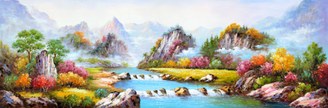 新中式横版风景油画无框画装饰画
