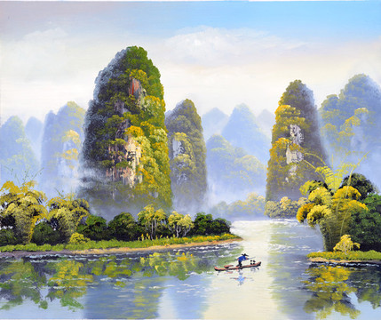 新中式横版风景油画无框画装饰画