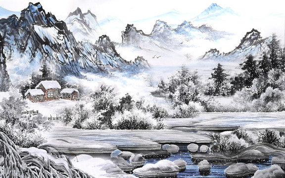 中式水墨山水雪景客廳背景墻