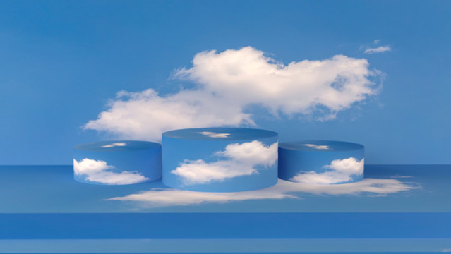 3D渲染藍(lán)天背景中圓柱體展臺(tái)