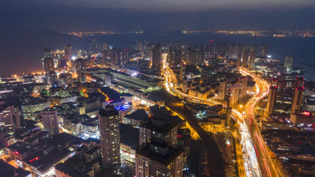 航拍青島城市夜景