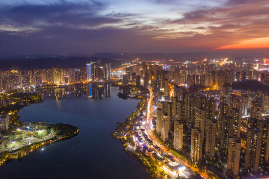 航拍湖南長沙梅溪湖夜景