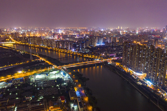 航拍湖南長沙湘江風光帶夜景