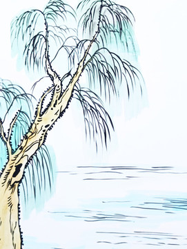 水鄉(xiāng)水岸垂柳