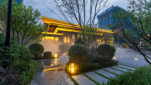 新中式建筑園林夜景