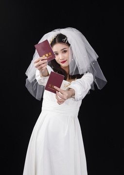 穿著白色連衣裙頭紗的女性