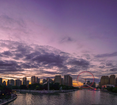 天津之眼晚霞天津城市風(fēng)光夜景