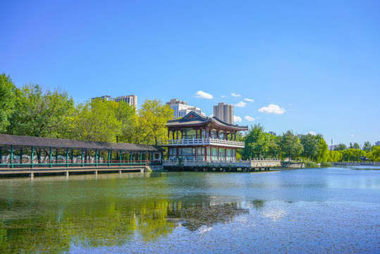 天津北寧公園古典園林湖景