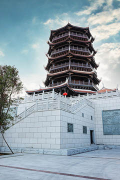藍(lán)天古典中式塔樓八仙閣建筑