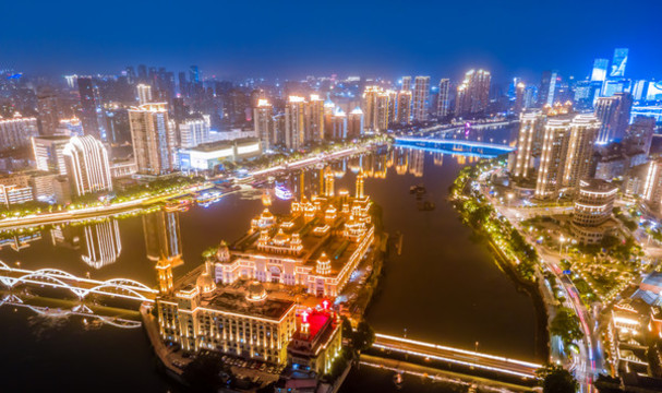 航拍福州中洲島夜景特寫