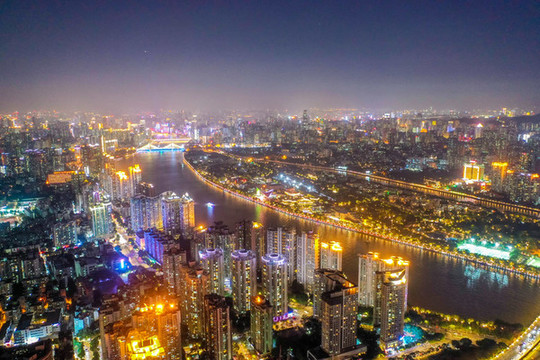 航拍廣州珠江二沙島夜景