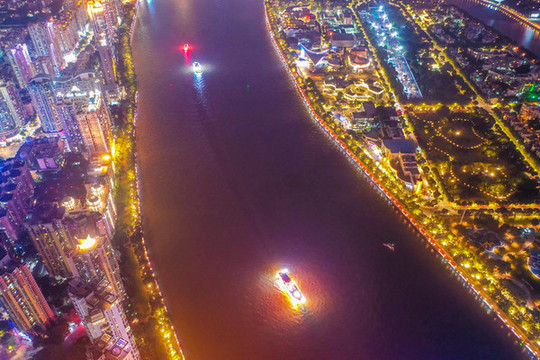 航拍廣州珠江二沙島夜景