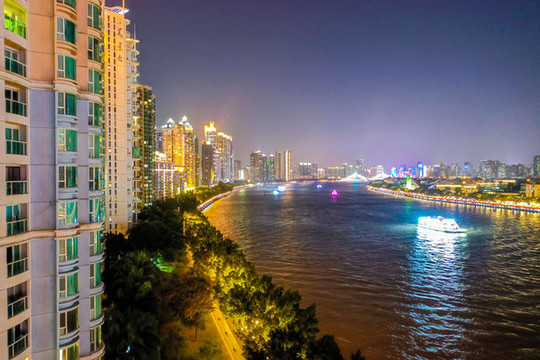 航拍廣州珠江二沙島夜景
