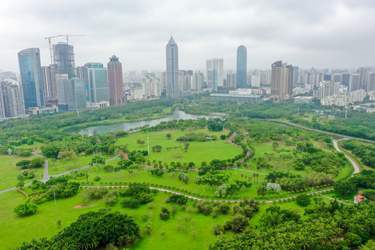 航拍海南海口萬(wàn)綠園公園景觀