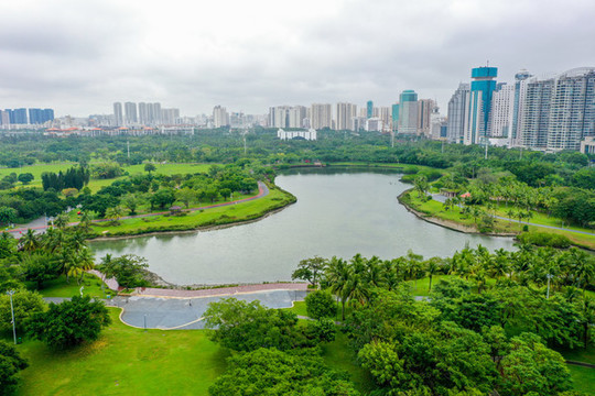 航拍海南?？谌f(wàn)綠園公園景觀
