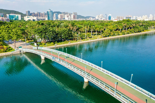 航拍福建廈門筼筜湖白鷺洲公園