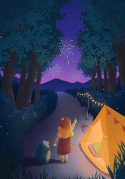 可愛女孩企鵝煙花樹林夜景插畫