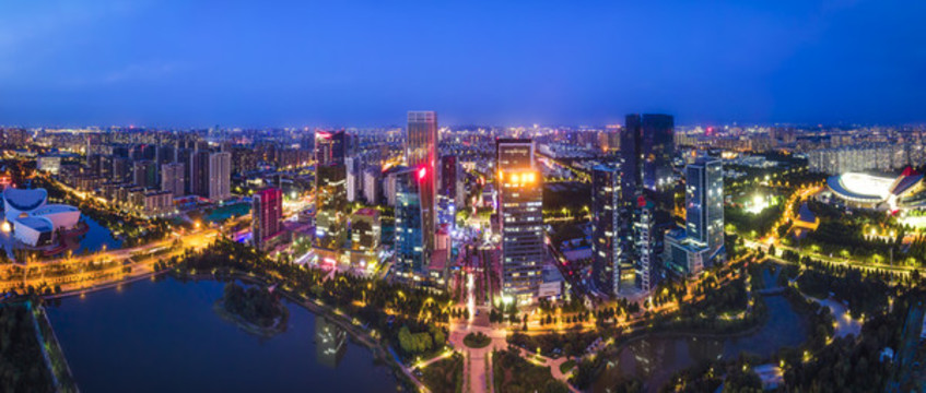 航拍山東淄博城市建筑景觀夜景