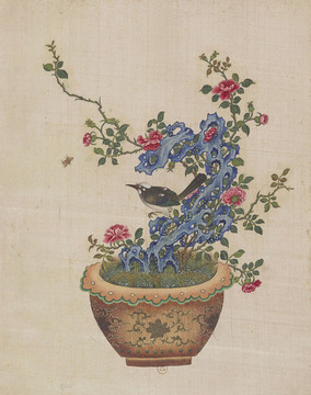 月季山石盆景國(guó)畫