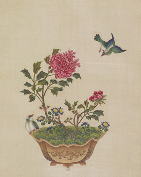牡丹盆景花鳥國畫