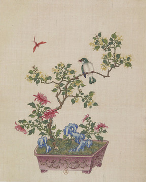 桂花花鳥盆景國畫