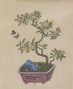花果蝴蝶盆景國畫