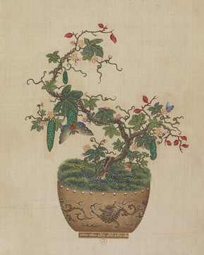 蝴蝶苦瓜盆景國畫