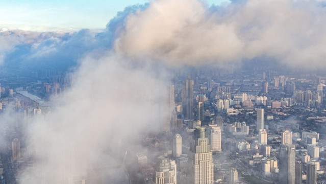 天津城市平流霧美景航拍