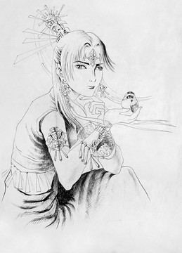 美女與小鳥(niǎo)鋼筆畫(huà)