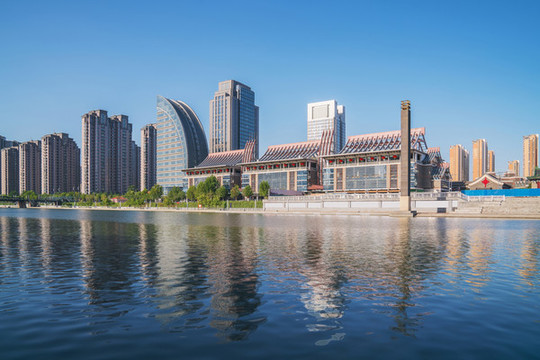 天津城市天際線和海河上的橋梁
