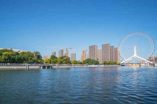 天津城市天際線和海河上的橋梁