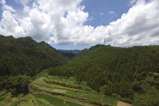 藍(lán)天白云與山間農(nóng)田