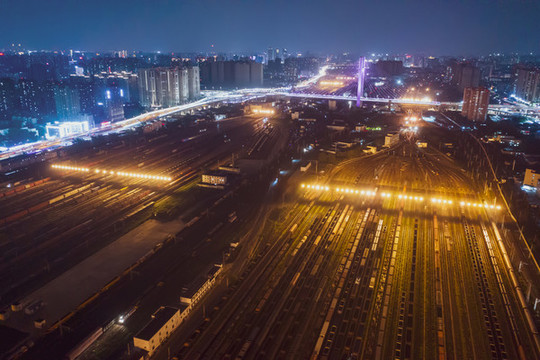 航拍鄭州北站鐵路編組站夜景
