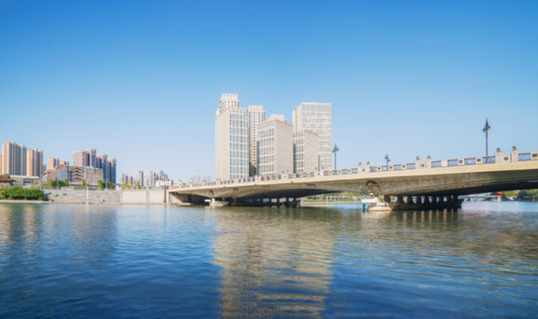 天津城市天際線和海河上的橋梁