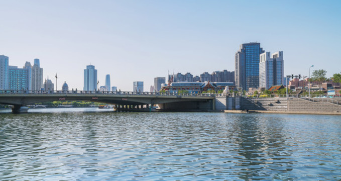 天津城市天際線和海河上的橋梁