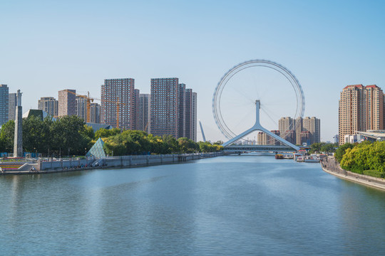天津城市天際線和海河上的橋梁