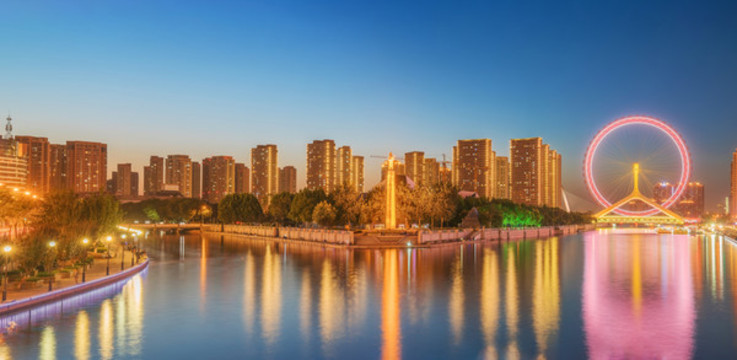 天津城市天際線和海河橋梁夜景