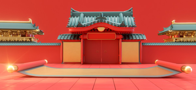 3d渲染國風(fēng)房屋和卷軸場景